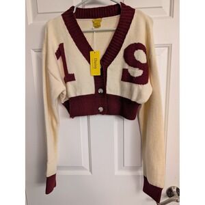 Daisy Cropped Varsity Cardigan Sweater M Cream Burgundy 19 Graphic V-Neck NWT